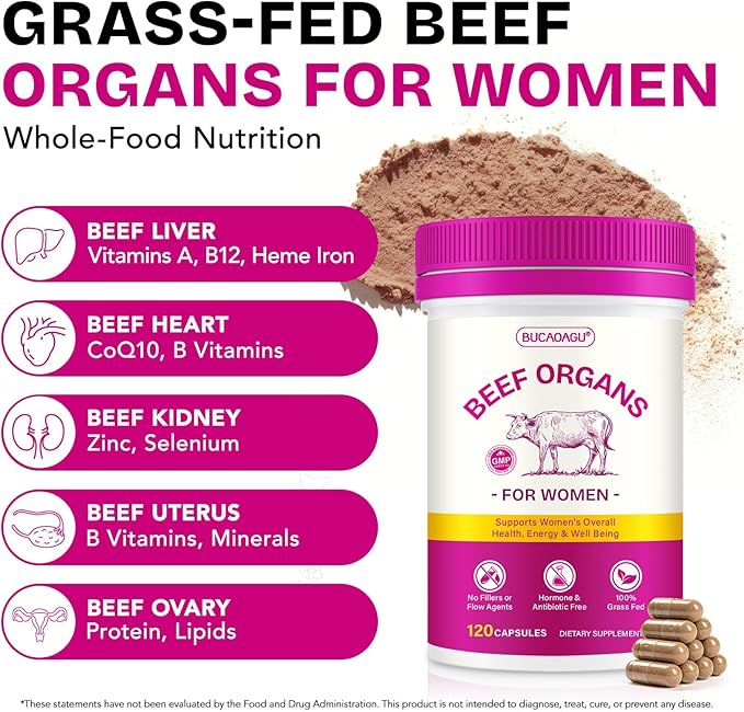 Beef Organ Supplement for Women - Grass-Fed Beef Liver, Kidney, Heart, Uterus, Ovary - Supports Female Energy & Hormone Balance - Pasture Raised in New Zealand - Iron, B12 & CoQ10 - 120 Capsules