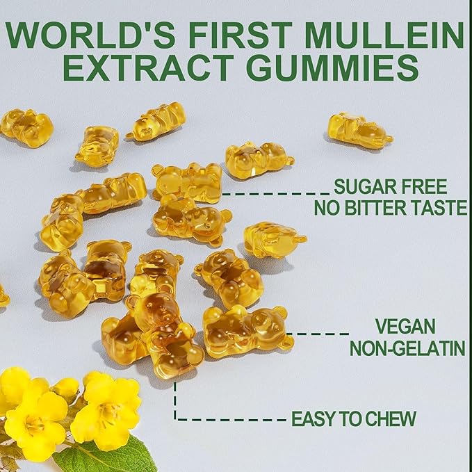 NEVISS Mullein Gummies for Lungs, Organic Mullein Leaf Extract 1000mg for Respiratory System with Quercetin & Bromelain, D3 for Digestive Support, Immune Booster, Sugar Free, Vegan, 120 Count