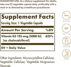 Solgar Vitamin D3 (Cholecalciferol) 125 Mcg (5000 IU), 120 Vegetable Capsules - Helps Maintain Healthy Bones & Teeth - Immune System Support - Non-GMO, Gluten Free, Dairy Free, Kosher - 120 Servings