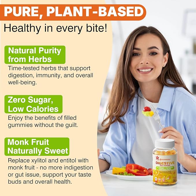 LILICARE Ginger Chews Gummies for Nausea & Digestive Support, Stomach Relief - Sugar Free with Turmeric & Odorless Garlic, Quercetin, Vitamin D3, C, Delicious Digestive Supplements, 60Cts (Pack of 1)