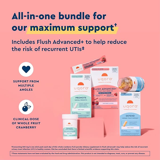 Uqora Flush Advanced+ Regimen with Flush Advanced+ - Cranberry to Reduce Risk of Recurrent UTI** - Defend & Promote - D-Mannose, Vitamin C, Green Tea Extract & Probiotics - 3-Part Bundle
