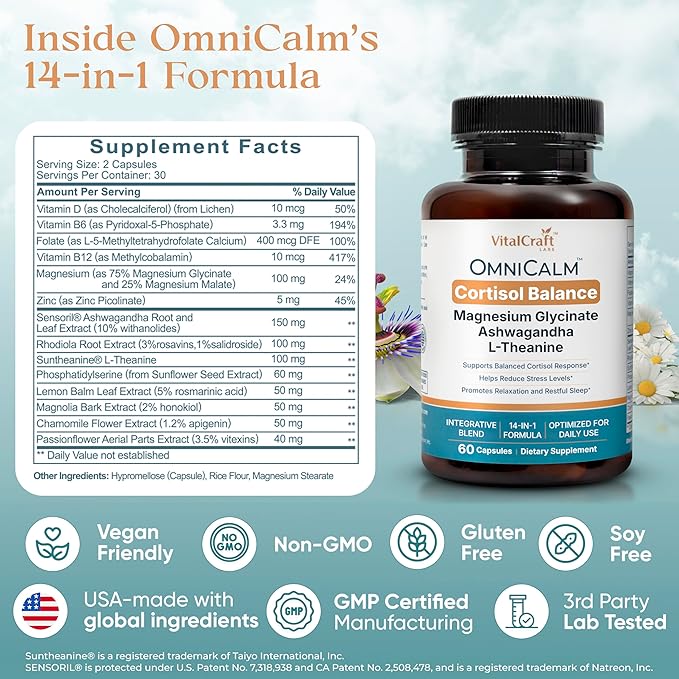 OmniCalm Cortisol Supplements for Women & Men | Stress Relief & Sleep Support with Magnesium & Ashwagandha, L Theanine | 14-in-1 Cortisol Reducer, Manager, Detox – USA