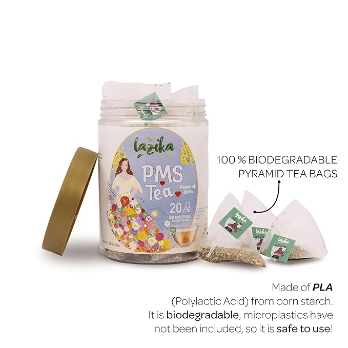 Lazika PMS Tea for Hormone Balance, Herbal Tea for Healthy Menstural Cycle, 20 Pyramid Teabags, Period Relief and PMS Support for Women, Caffeine Free, Chamomile, Fennel