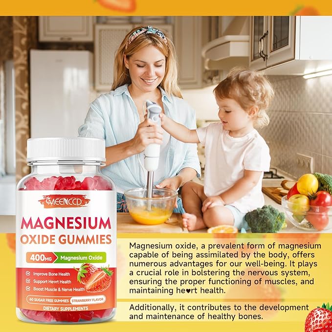 Magnesium Oxide Gummies 400mg, Chewable Magnesium Oxide Supplement for Adults & Kids, Muscle Function Support, Non-GMO, Sugar-Free, Strawberry Flavor, 60 Count