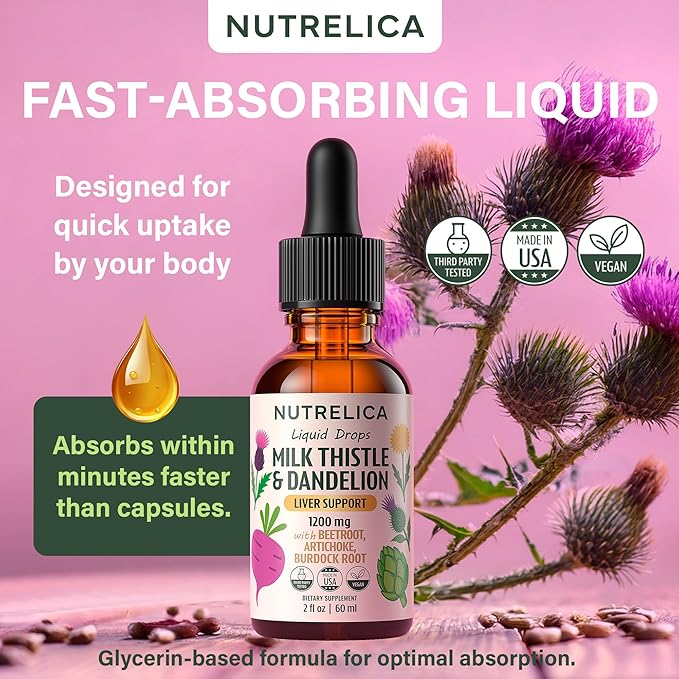 Milk Thistle & Dandelion Liver Support with Beet Root, Artichoke & Burdock – 1200mg Herbal Detox Formula, No Sugar, Alcohol-Free, Vegan, Non-GMO