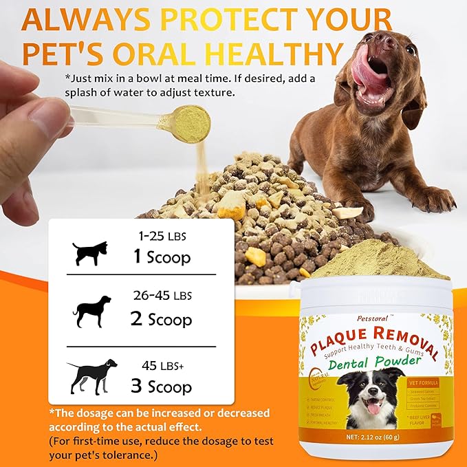 Natural Dog Dental & Supplement Powder, Plaque & Tartar Control with Glucosamine, Omega-3, Probiotics & Vitamin E for Joint, Beef Liver Flavour, Digestion & Fresh Breath