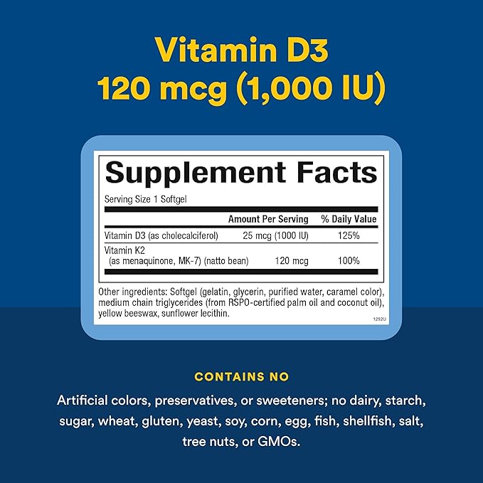 Natural Factors, Vitamin D3 & K2 1000 IU and 120 mcg, Supports Bone and Vascular Health, 60 Softgels