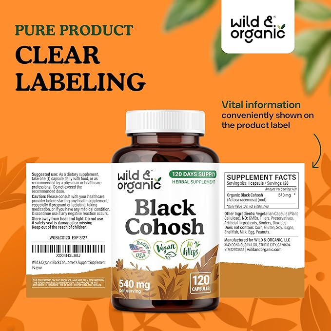 Wild & Organic Black Cohosh Capsules 540 mg - Menopause Supplements for Women - Black Cohosh Herb - 120 Days of Supply - Vegan, No Fillers, Non-GMO - 120 Count
