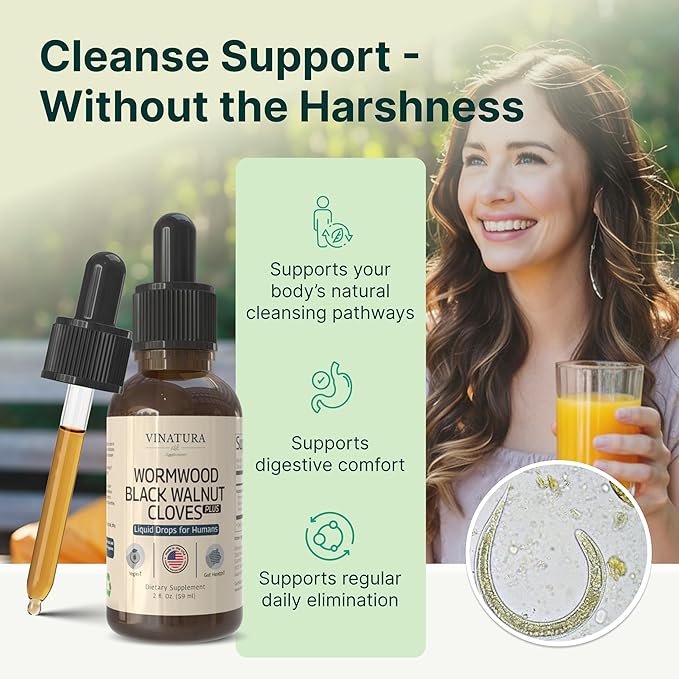 VINATURA Wormwood Black Walnut Cloves Liquid - Cleanse, Detox for Humans with Papaya Leaf and Pumpkin Seed, Intestinal Guard Formula Supplement - 2 fl oz