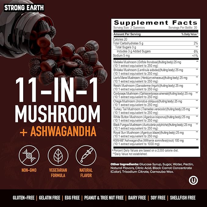 Mushroom Gummies with Ashwagandha - 350mg 10-in-1 Mushroom Blend - Lions Mane, Cordyceps, Reishi, Chaga, Turkey Tail, Maitake, Shiitake - Gelatin Free, Vegetarian - 60 Count (2 Per Serving)