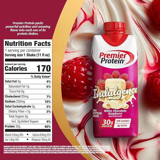 Premier Protein Shake INDULGENCE, White Chocolate Raspberry, 30g Protein, 170 Calories, 3g Sugar, 11 fl oz, 12 Pack
