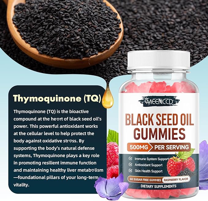 MEENCCD 2 Pack Black Seed Oil Gummies, Nigella Sativa Black Seed Oil Supplement for Antioxidant Support, Vegan, Non-GMO, Suagr-Free, Raspberry Flavor, 120 Count