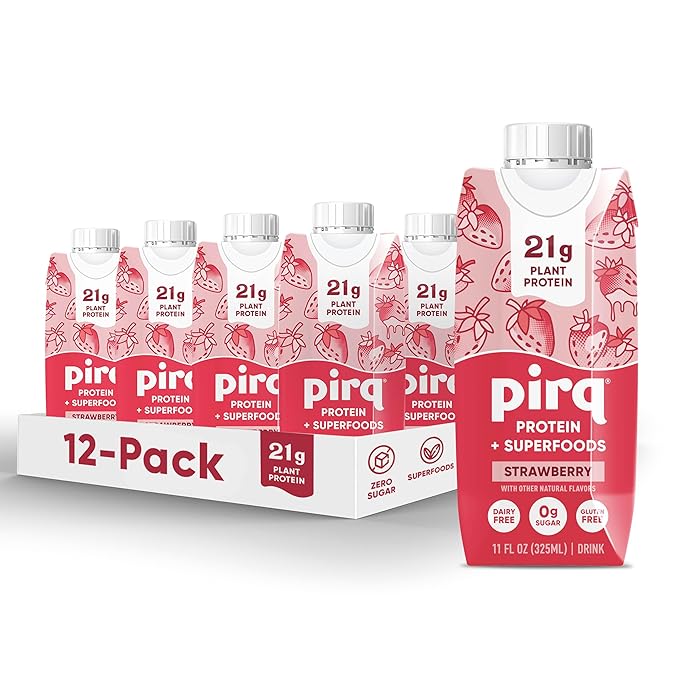 Pirq Plant Based Protein Shake, 21g Vegan Protein, 25 Superfoods, 0g Sugar, Dairy-Free, Gluten-Free, and Soy-Free, (12 Pack)(Strawberry)