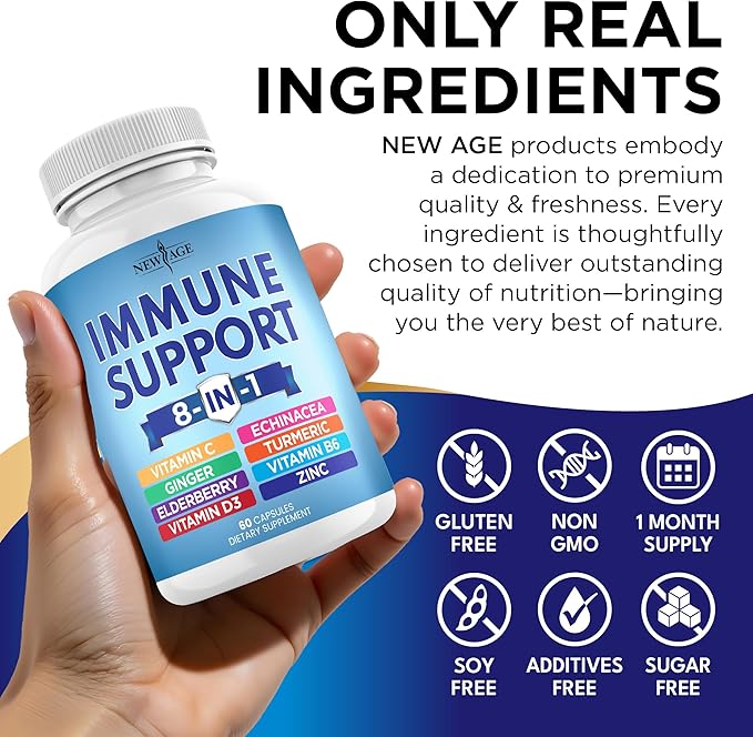 NEW AGE 8 in 1 Immune Support Booster Supplement with Echinacea, Vitamin C and Zinc 50mg, Vitamin D 5000 IU, Turmeric Curcumin & Ginger, B6, Elderberry 60 Count (Pack of 1)