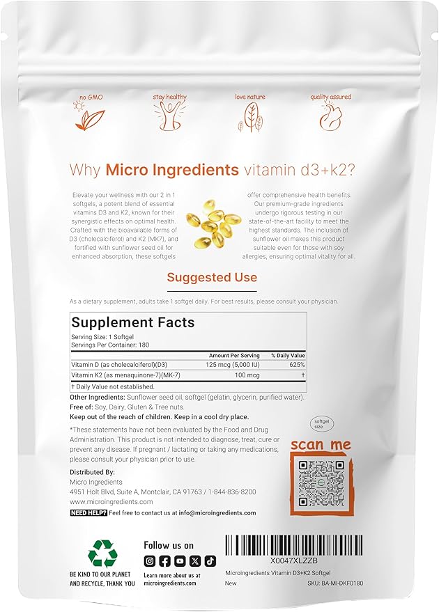 Micro Ingredients Vitamin D3 5,000 IU + K2 MK-7 100 mcg, 180 Softgels | 2-in-1 Formula | Easy to Swallow, Non-GMO