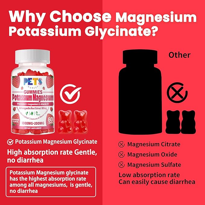 Potassium Magnesium Gummies - High Absorption Magnesium Glycinate & Potassium Citrate Plus Omega 3, B6, D3, K2 & Calcium - Chewable Gummy for Leg Cramps, Immunity & Energy Strawberry 60 Gummies