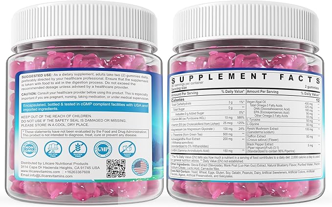 L Theanine Calm Gummies 500mg, Sugar-Free Liposomal L-Theanine Supplement, w/Safforn, Magnesium Glycinate, GABA, Ashwagandha, Algae Omega-3, Vitamin D3 B12, for Brain Calm, Relax, Mood, Zzz, 120Cts
