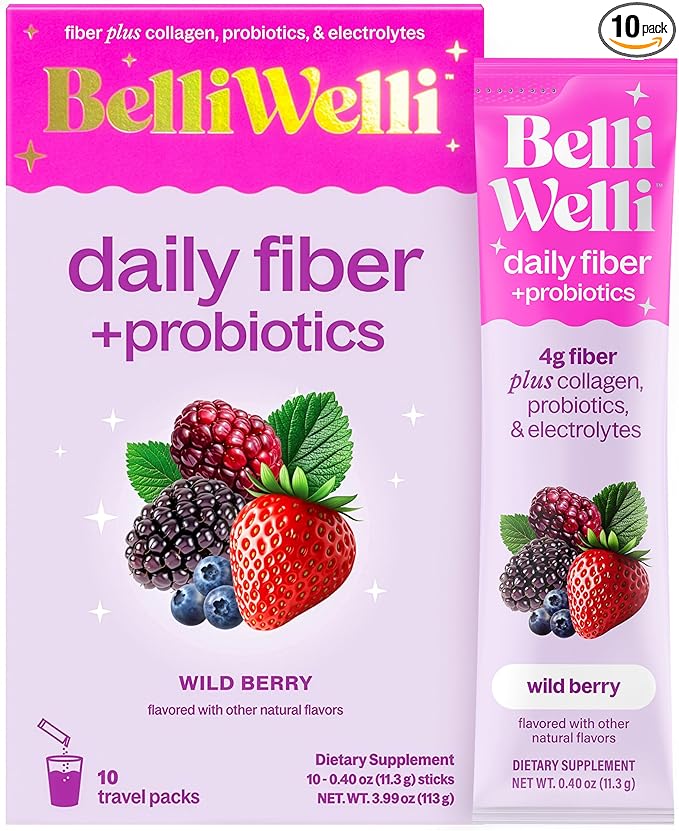 Belli Welli Daily Fiber Supplement Packets with Collagen, Probiotics & Electrolytes | Single Serve Packets for Gut Health, Digestion & Debloating | Wild Berry | 10 Count