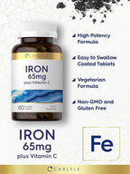 Carlyle Iron Supplement 65 mg with Vitamin C | 180 Tablets | 300mg of Vitamin C | Vegetarian, Non-GMO and Gluten Free