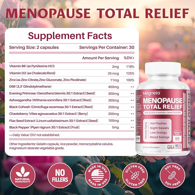 Menopause Supplements for Women, Support Hot Flashes & Night Sweats, with Black Cohosh, DIM & Evening Primrose, Hormonal Balance & Mood Support – 60 Capsules