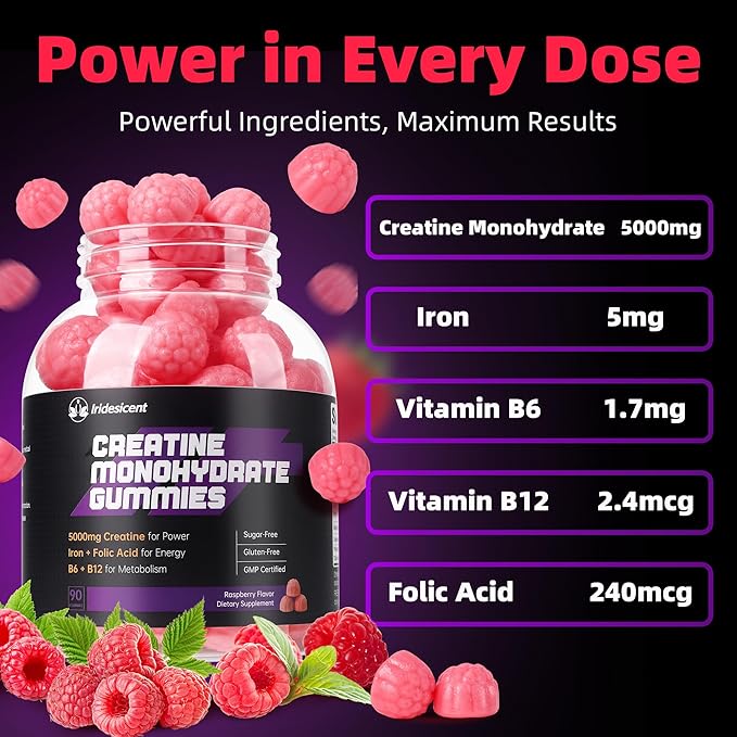 Creatine Monohydrate Gummies 5000mg w/Iron, Vitamin B6 & B12, Sugar Free 5g Creatine Supplements for Women and Men Boost Energy & Muscle Recovery - 90 Raspberry Gummies