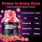 Creatine Monohydrate Gummies 5000mg w/Iron, Vitamin B6 & B12, Sugar Free 5g Creatine Supplements for Women and Men Boost Energy & Muscle Recovery - 90 Raspberry Gummies