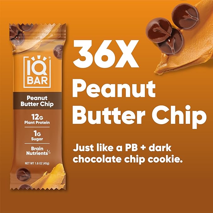 IQBAR Clean Plant Protein Bars - Peanut Butter Chip - 36 Count - Keto, Vegan, High Fiber, Gluten and Dairy Free, Low Sugar Snack - Brain and Body Nutrients for Focus, Energy, Meal Replacement