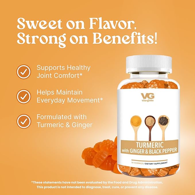 VITA GLOBE Turmeric Supplement Gummies with Ginger & Black Pepper – 250mg Turmeric Extract, Vegan, Non-GMO Herbal Supplement, Daily Wellness Formula – 30 Count (Pack of 2)