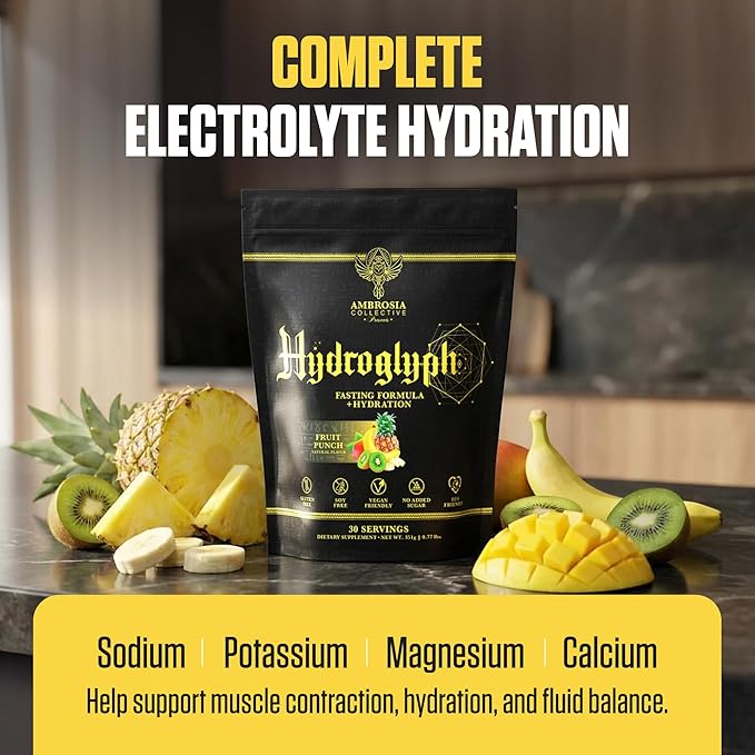 Ambrosia Hydroglyph Fasting Electrolytes Powder | Hydration Drink Mix with Amino Acids | Sugar Free Electrolyte Powder for Fasting & Intra Workout | 30 Servings, Strawberry Watermelon