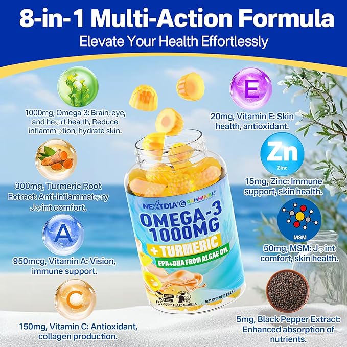 Vegan Omega-3 Gummies 1000mg + Turmeric - Omega 3 Fish Oil Alternative for Adults - Algae DHA 600mg & EPA 300mg, Vitamins A, C, E, Zinc & MSM, Sugar Free, 120 Cts