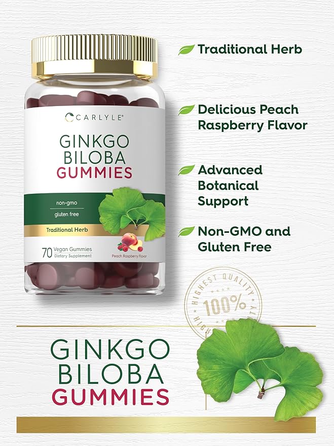 Carlyle Ginkgo Biloba | 70 Gummies | 45:1 Leaf Extract | with Peach Raspberry Flavor | Vegan, Non-GMO, Gluten Free Supplement