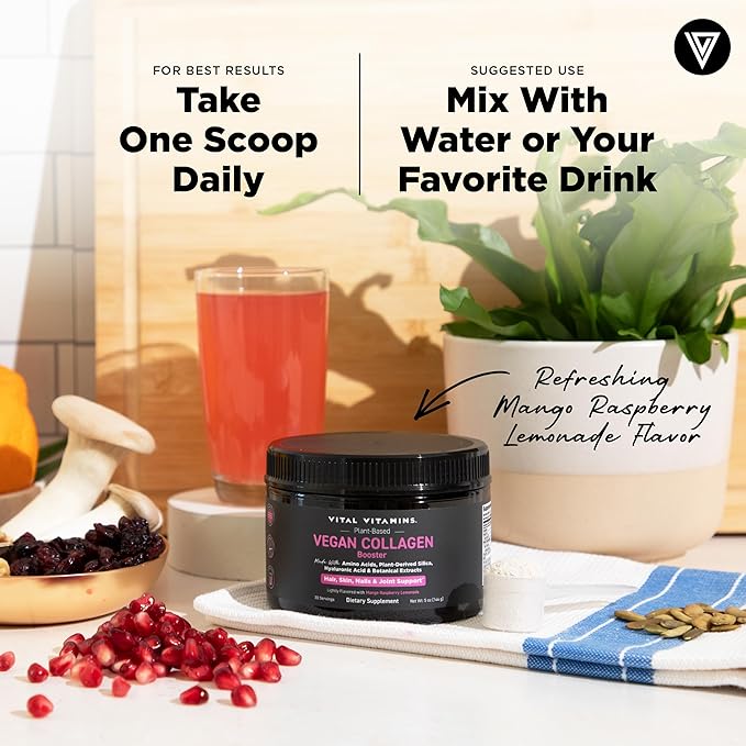 Vital Vitamins Vegan Collagen Booster Powder - Made with Amino Acids, Silica, Hyaluronic Acid, & Botanical Extracts - Plant-Based - Mango Raspberry Lemonade Flavor - Hair, Skin, Nails - 30 Servings