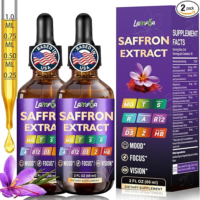 Saffron Extract for Anxiety Relief & Calm Mood Support | 88.5mg Saffron Supplement Drops for Mood, Focus, Eye Support for Mood, Energy & Cognitive Support - 2 fl oz - 2 Pack