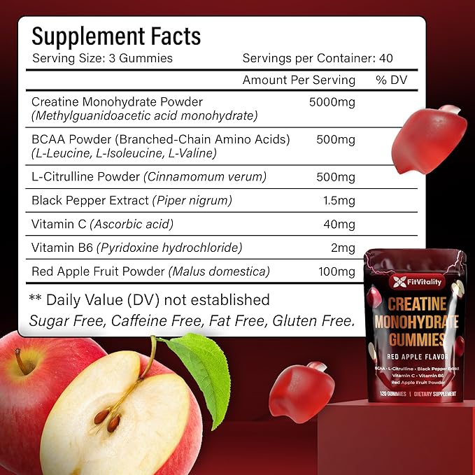 Premium 120 Creatine Gummies - Formulation with Creatine Monhydrate, Vitamin C & B6 - Vegan, Non-GMO, Sugar-Free, Red Apple Flavor