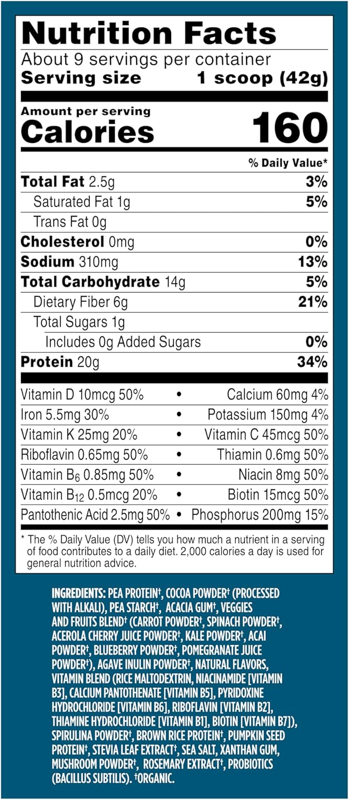 Vega Organic All-in-One Vegan Protein Powder, Chocolate - Superfood Ingredients, Vitamins for Immunity Support, Keto Friendly, Pea Protein for Women & Men, 13.2 oz (Packaging May Vary)