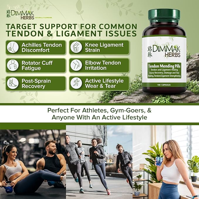 Dimmak Herbs Tendon Mending Pills- Tendon & Ligament Support- Advanced Mobility Formula for Stiffness, Rotator Cuff & Achilles Recovery- Daily Soft Tissue & Injury Repair- Vegan TCM Formula