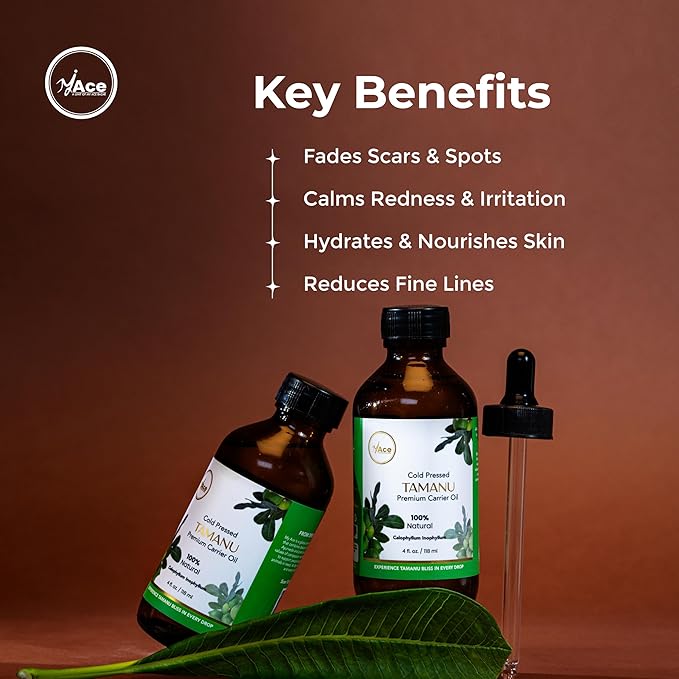 My Ace Tamanu Carrier Oil | 100% Pure & Natural Cold Pressed Unrefined Oil for Skin & Face Care, Hair Growth, Body Massage, Stretch Marks & Aromatherapy – 4 fl oz