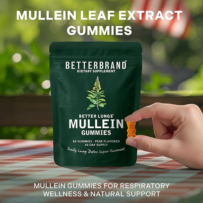 Betterbrand Mullein Chewable Gummies for Lung Cleanse and Detox, Respiratory Health Supplement, 1000mg Mullein Extract per Serving, 180 Gummies - 90 Day Supply - Pear Flavored
