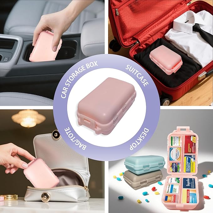 Pill Organizer with Medicine Labels 146 Labels Travel Daily Pill Container Mini Medication Organizer Storage Travel Essentials Pill Case 7 Day Pill Organizer (Beige+Pink+Grey, 3 Packs (Large))