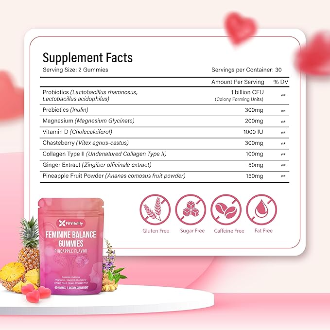 Premium 60 Feminine Balance Gummies – Probiotics, Collagen Type II, Chasteberry, Vitamin D & Magnesium – Gluten-Free, Natural Pineapple Flavor, Vegan