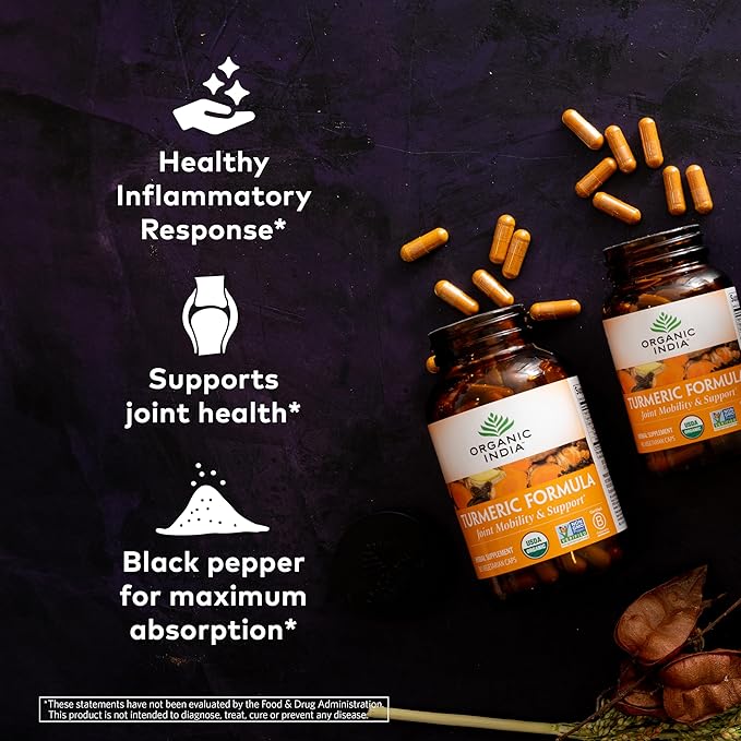 ORGANIC INDIA Turmeric Curcumin Herbal Supplement - Joint Mobility & Immune System Support, Healthy Inflammatory Response, Whole Root Supplement, Organic Trikatu, USDA Certified Organic - 90 Capsules