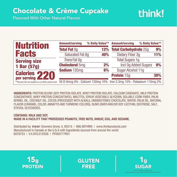 think! Protein Bars, High Protein Snacks, Gluten Free, Kosher Friendly, Sweet Treat, Chocolate & Creme Cupcake, 10 Count (Packaging May Vary)