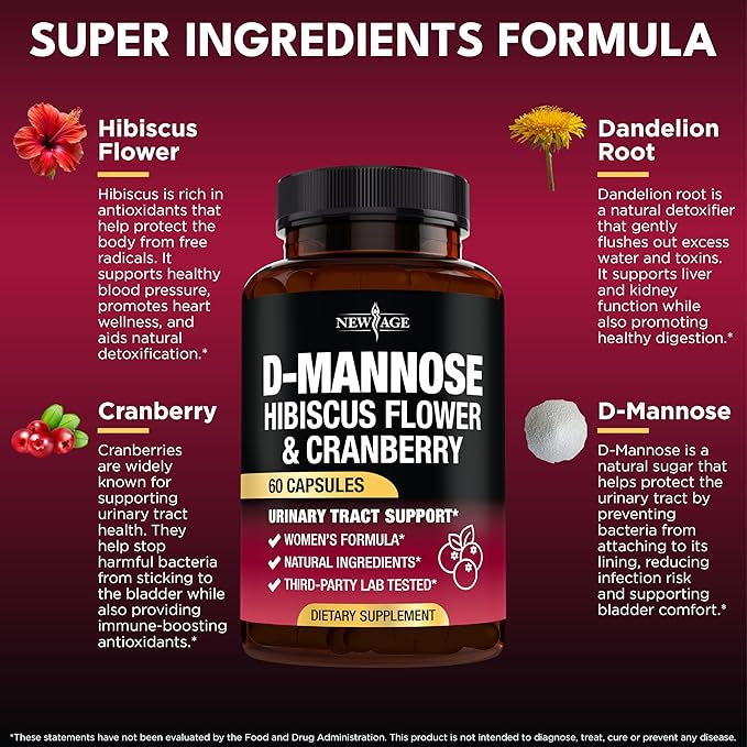 NEW AGE D-Mannose with Cranberry & Hibiscus - High Strength for Urinary Tract Health - Supplement for Women - Bladder, Liver & Microflora Support - Made in USA - Vegan, 60 Capsules