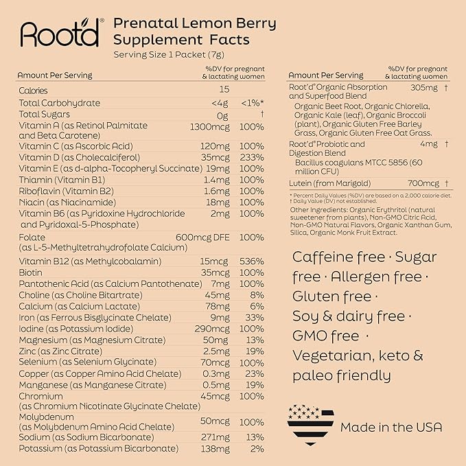 Root'd Prenatal Multivitamin Powder - 25 Vitamins & Minerals with 3X Electrolytes, Folate, Iron, D3 for Mom & Baby, 7 Superfoods & Probiotics, Sugar-Free Vitamins & Hydration | 24 Packets