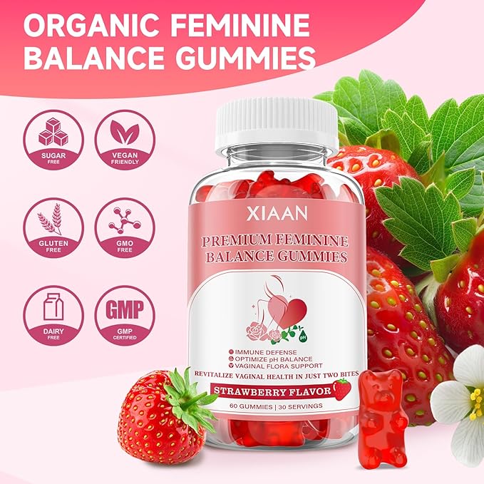 Feminine Balance Gummies for Women, Premium Feminine Balance Gummies Support PH Balance & Vaginal Health, Vegan, Gluten-Free, Strawberry Flavor 60 Gummies