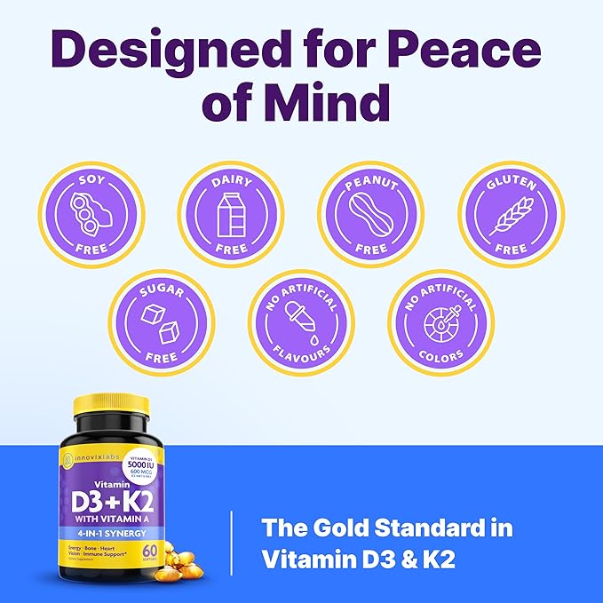 InnovixLabs Vitamin D3 K2-5000 IU Vitamin D3 Plus 600 mcg Vitamin K2 MK4 and MK7 for Max Calcium Absorption, Supports Bone, Immune, Heart Health, 3rd Party Tested, Gluten Free, 60 Softgels (Pack of 2)