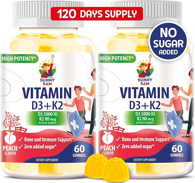 SUNNY SAM Sugar-Free Vitamin D3 K2 Gummies 5000 IU - Immune & Bone Support - Vitamin D Gummy Supplement for Adults - High-Absorption, Vegan, Halal, Gluten-Free Chewable Vitamins - 120 Count