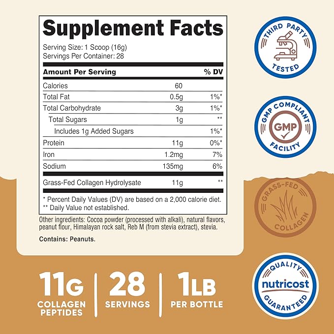 Nutricost Collagen Peptides Powder (Chocolate Peanut Butter Flavored) 1 LB - Grass-Fed Collagen Hydrolysate, Gluten-Free