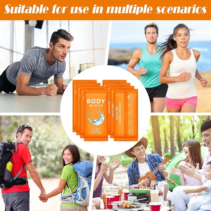Treela 300 Pcs Large Body Wipes Bulk Deodorant Travel Size for Homeless Care Package Supplies Individually Wrapped Adults Bathing No Rinse Wet Wipes Men Women Hygiene Items(7.09" X 9.84",Orange)