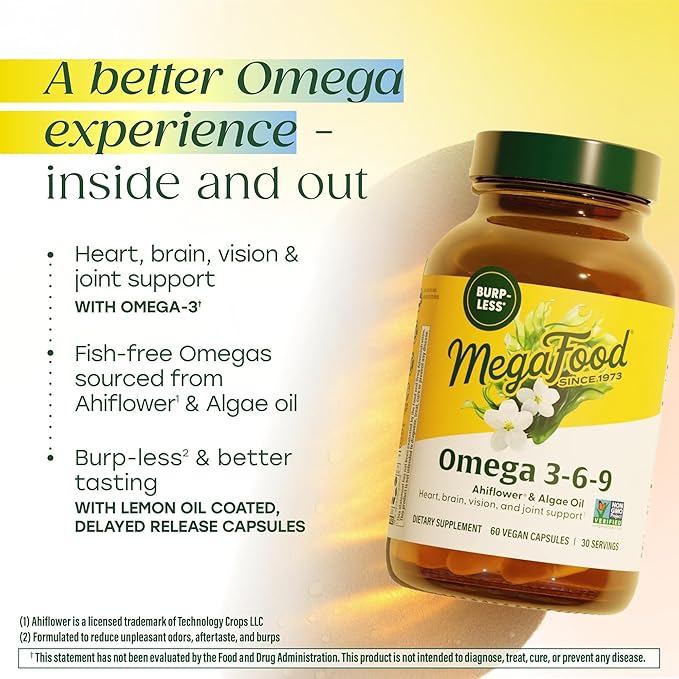 MegaFood Vegan Omega 3 6 9 - Burp-Less Supplement - 600 mg Plant-Based Omega 3 & 150 mg DHA Per Serving - Heart, Brain, Vision & Joint Support - Fish Oil Alternative - 60 Capsules, 30 Servings
